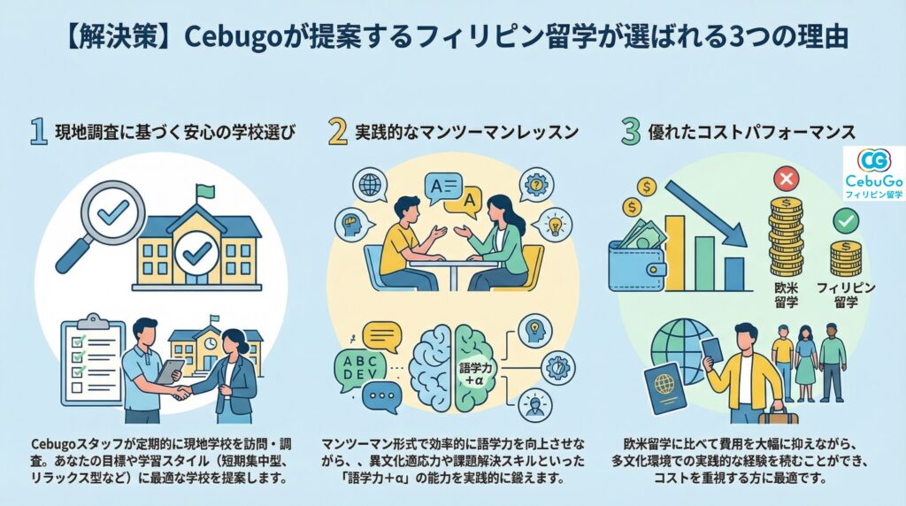 Cebugoが提案するフィリピン留学の3つのメリット（現地調査、マンツーマン、コスト）