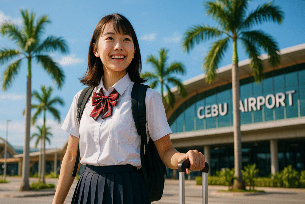 セブ留学に出発する日本人学生が空港で挑戦を始める様子