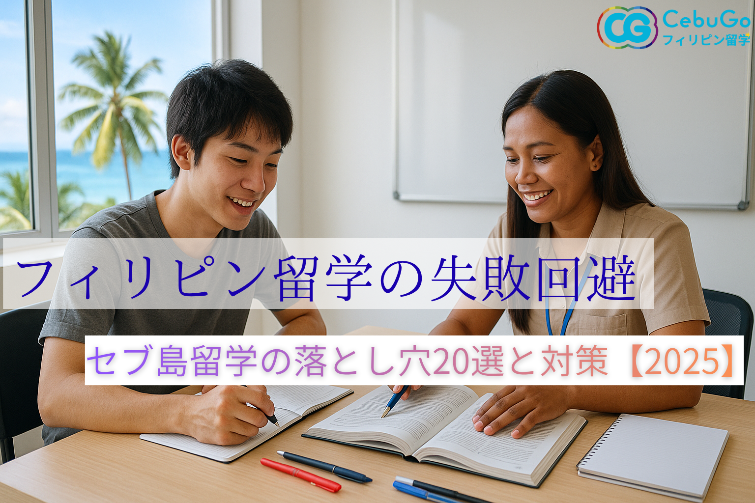 セブ島留学の失敗を回避するためのマンツーマン授業イメージ（自然光の教室、窓外に椰子と海）