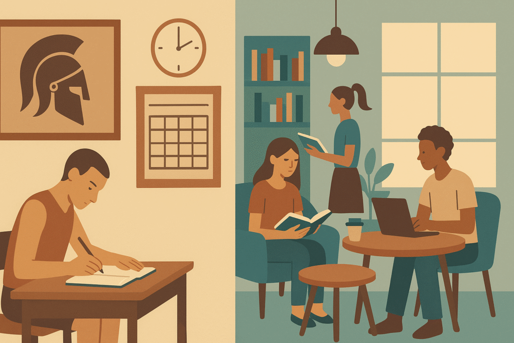 スパルタ校と通常校の比較イラスト：規則・時間割の厳格さと自律学習の自由度の違い