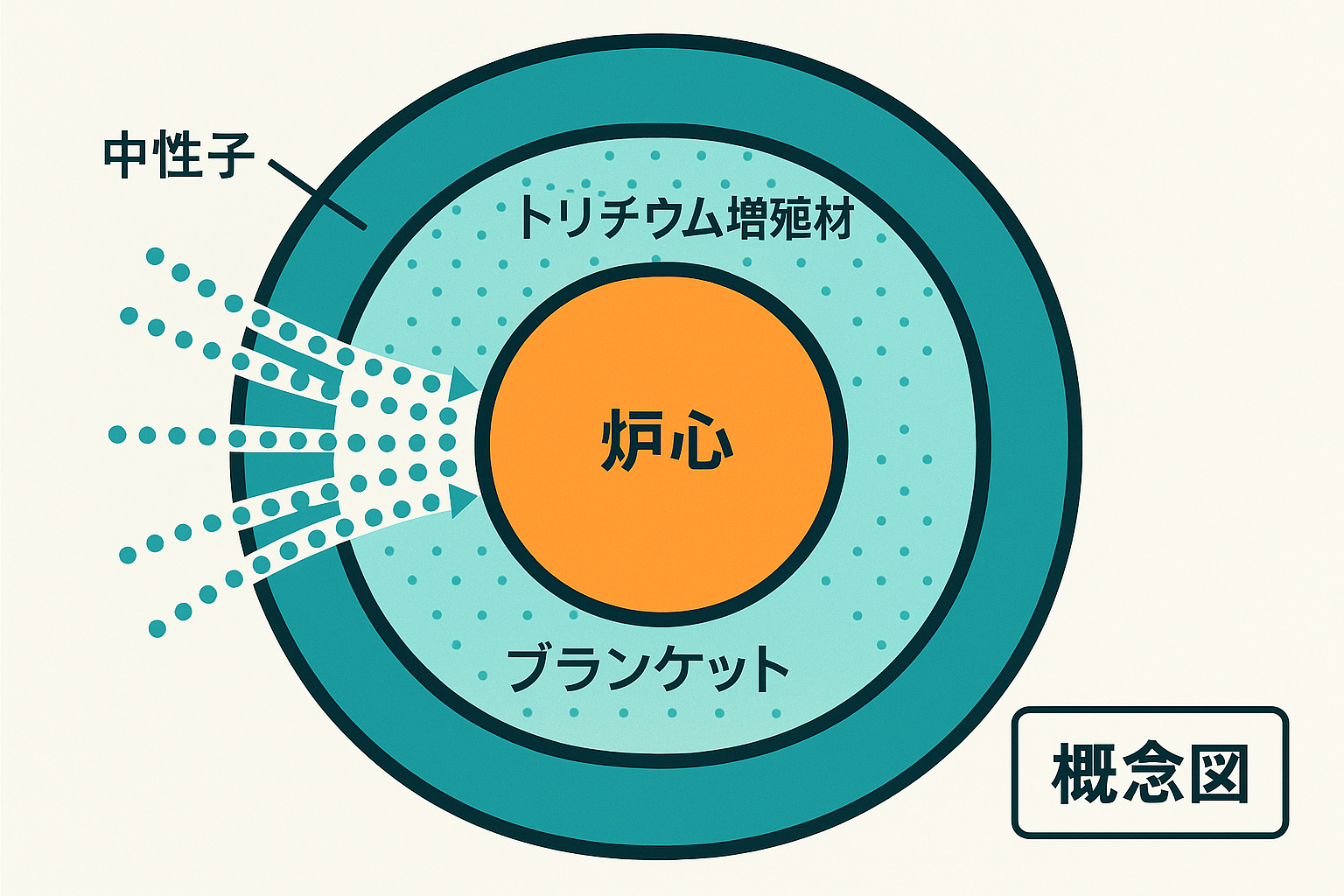 「核融合炉ブランケットの概念断面：中性子流と水銀領域」