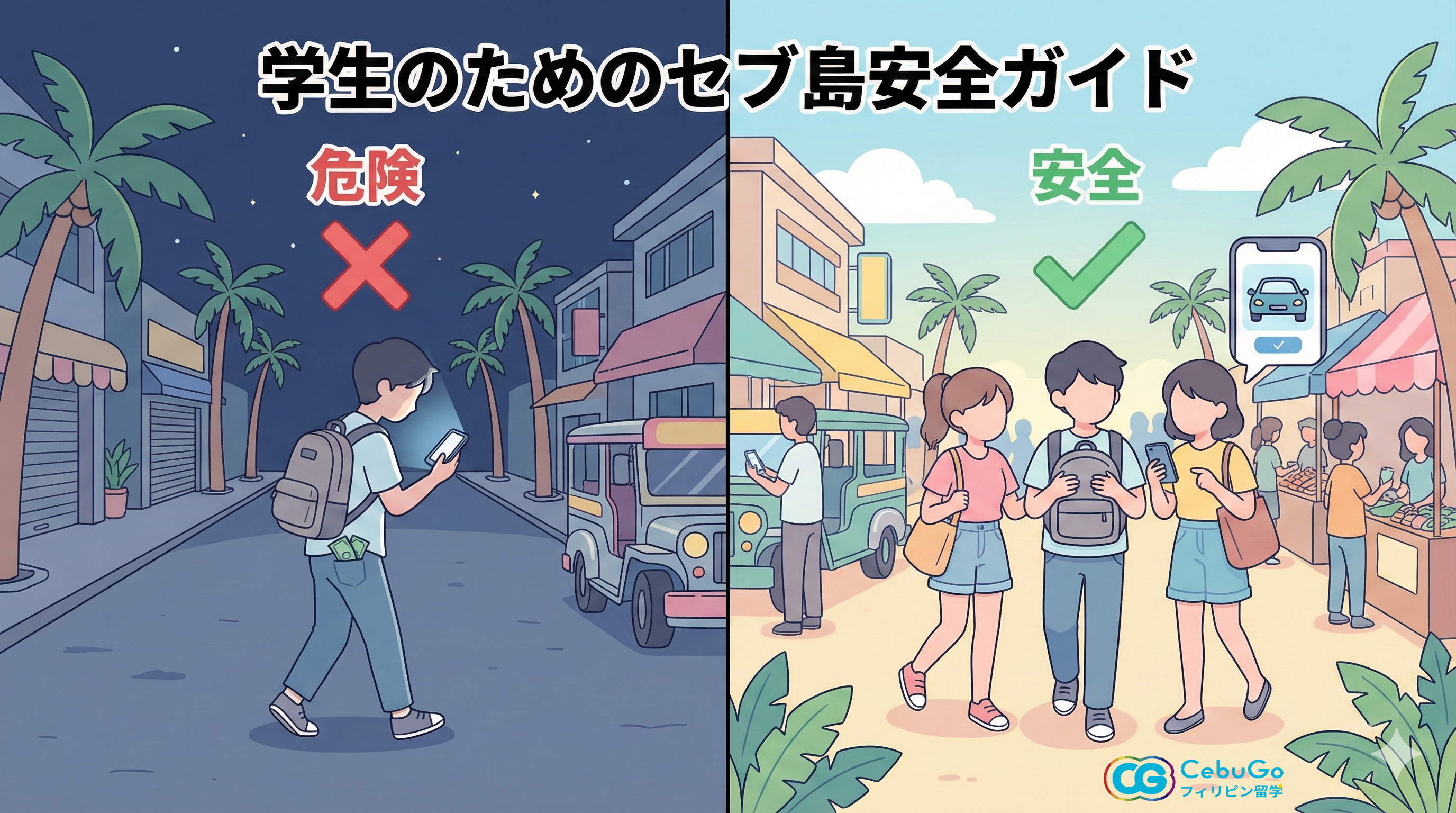 「学生のためのセブ島安全ガイド」というタイトルの左右分割イラスト。左側は「危険」とあり、夜道で一人、歩きスマホをしている学生の後ろポケットから財布が見えている様子に「×」印。右側は「安全」とあり、昼間の賑やかな通りを友人たちと談笑しながら歩き、スマホで配車アプリの画面を見せている様子にチェックマークが付いている。