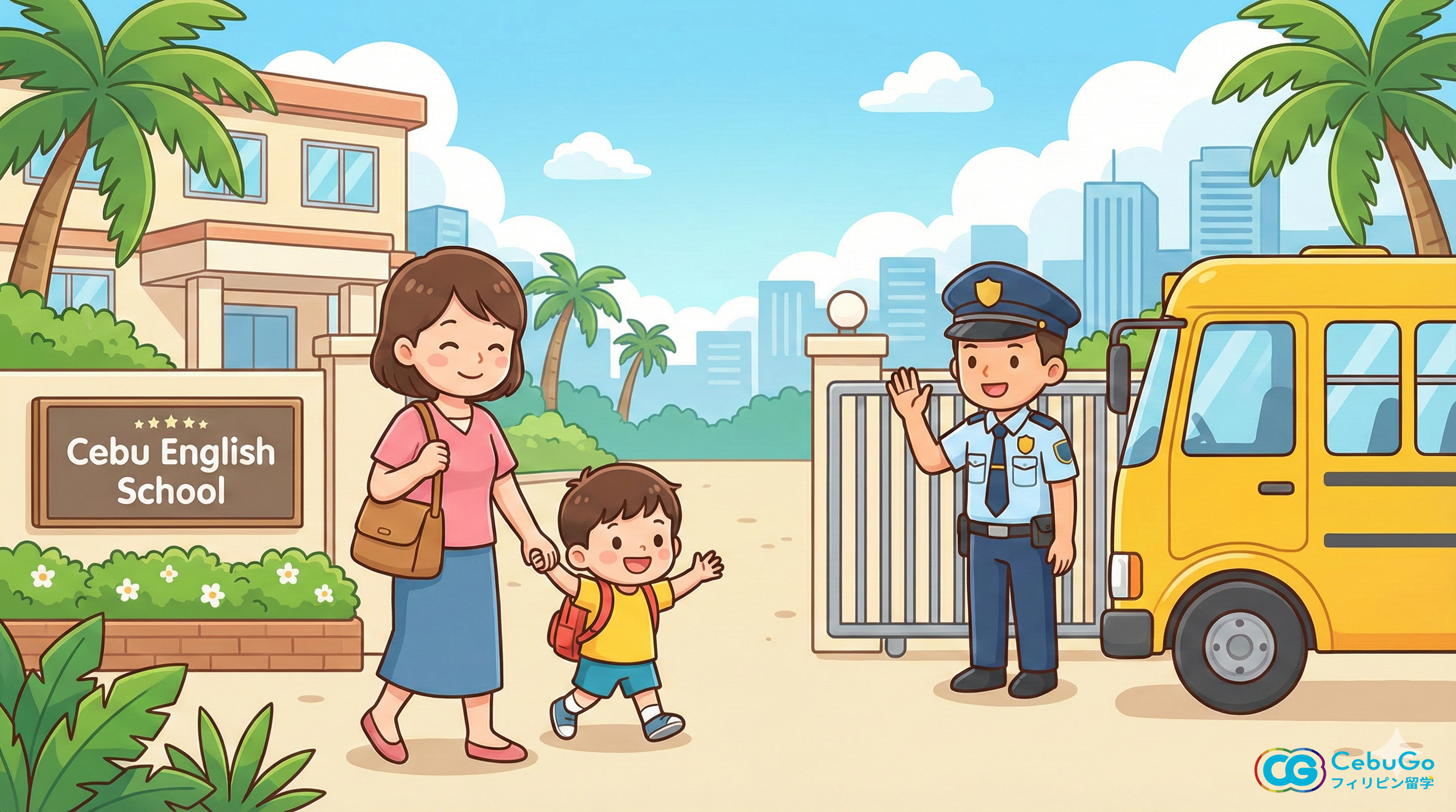 ヤシの木がある南国風の「Cebu English School」の校門前。母親と手を繋いだ男の子が、笑顔で門番の警備員に手を振っている。隣には黄色いスクールバスが停車している。