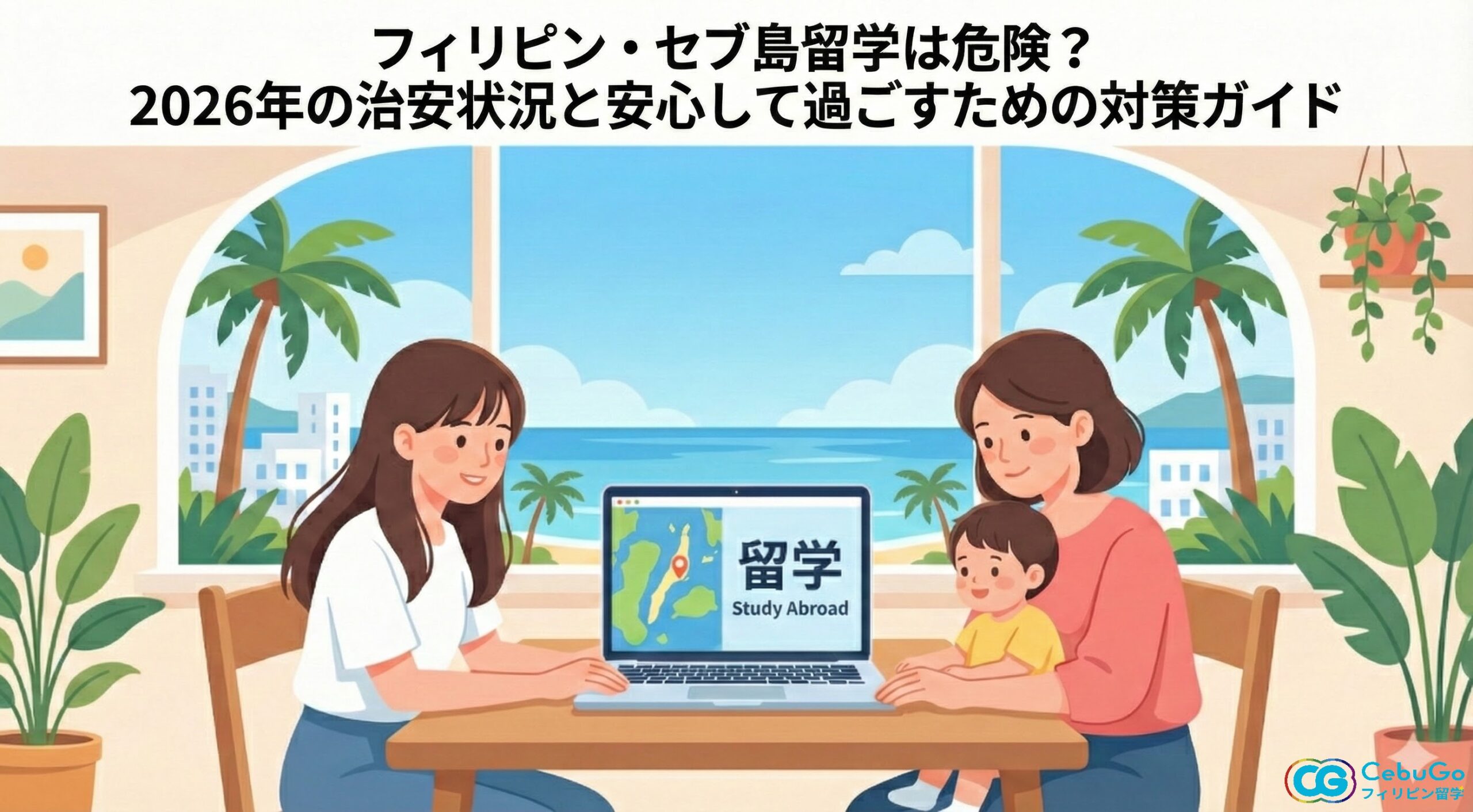 海が見える部屋で、女性2人と幼児がノートパソコンで「留学 Study Abroad」と表示された地図を見ているイラスト。上部に「フィリピン・セブ島留学は危険？2026年の治安状況と安心して過ごすための対策ガイド」というタイトルがある。