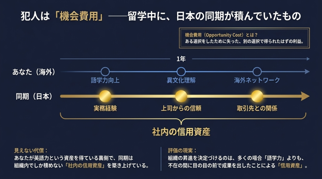 留学帰国後の昇進停滞（帰国後キャリア格差）の実例図