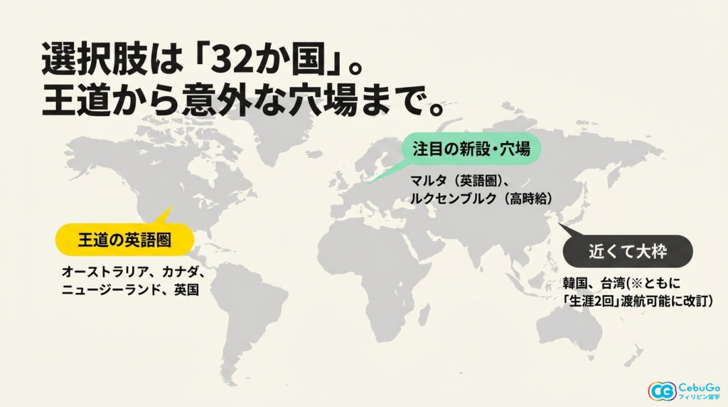 ワーキングホリデー協定国32か国の分布と年間発給枠