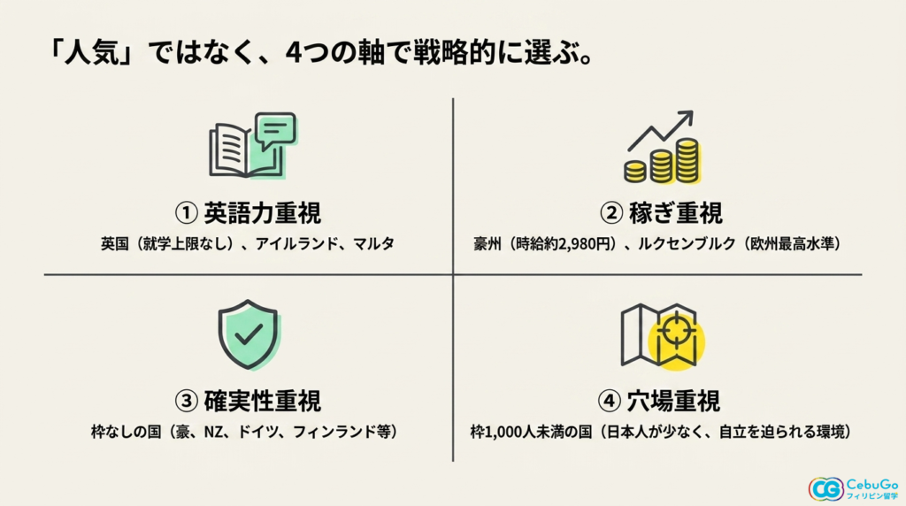 「人気だから」ではなく、目的を4つの軸に当てはめて選ぶのが確実です