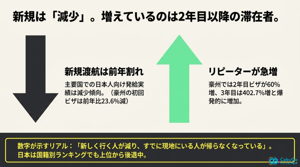 減っています。日本国籍者への発給実績を公表している国のデータで、そろって前年割れが確認できます。
