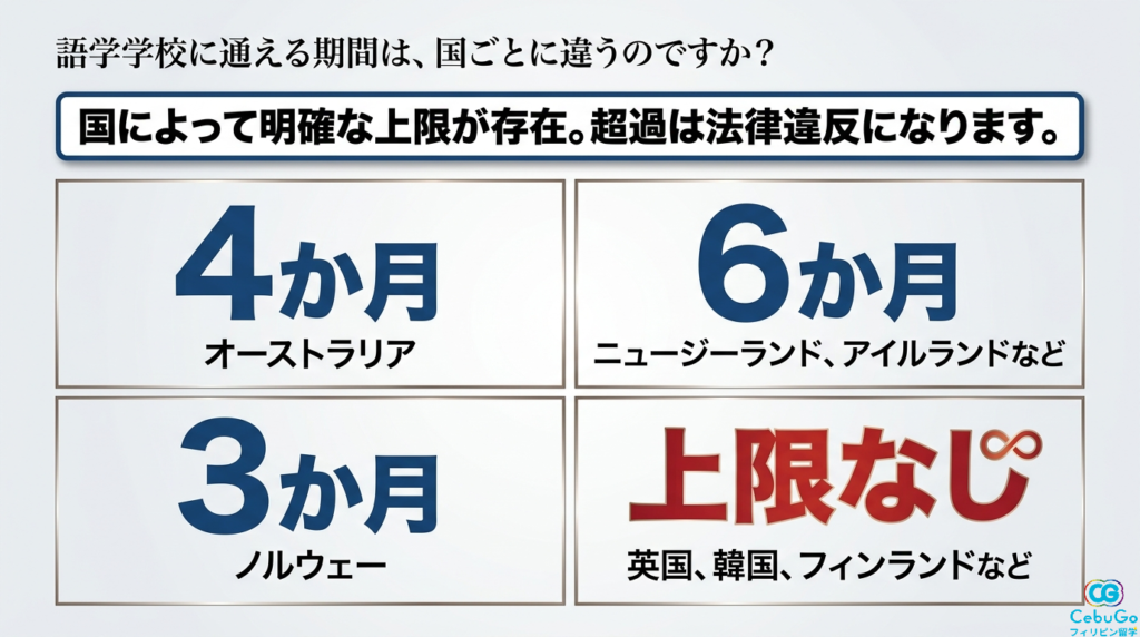 オーストラリアやニュージーランドなど各国の語学学校通学期間の上限比較表