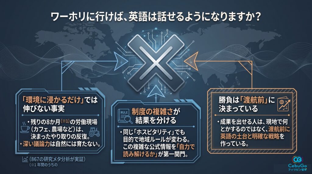 渡航前の英語学習と複雑なワーホリ制度の理解が成果を分ける仕組みの図解