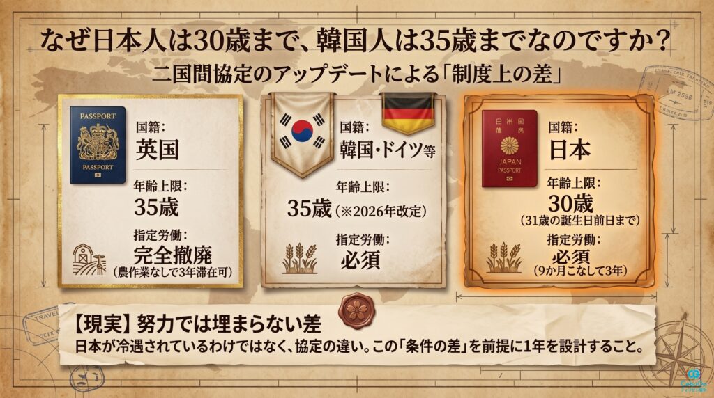 国籍別（韓国・英国・日本）のオーストラリアワーホリ条件・年齢上限の比較図
