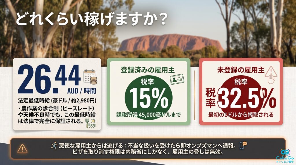 オーストラリア最低時給（26.44豪ドル）とワーホリ税率（15%）の解説図