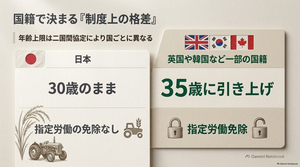オーストラリアワーホリにおける国籍別（日本と韓国・英国）の年齢上限比較