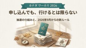 カナダのワーホリは申し込んでも行けるとは限らないことを示す見出し画像。たくさんのカードの中から1枚だけが選ばれるイラスト