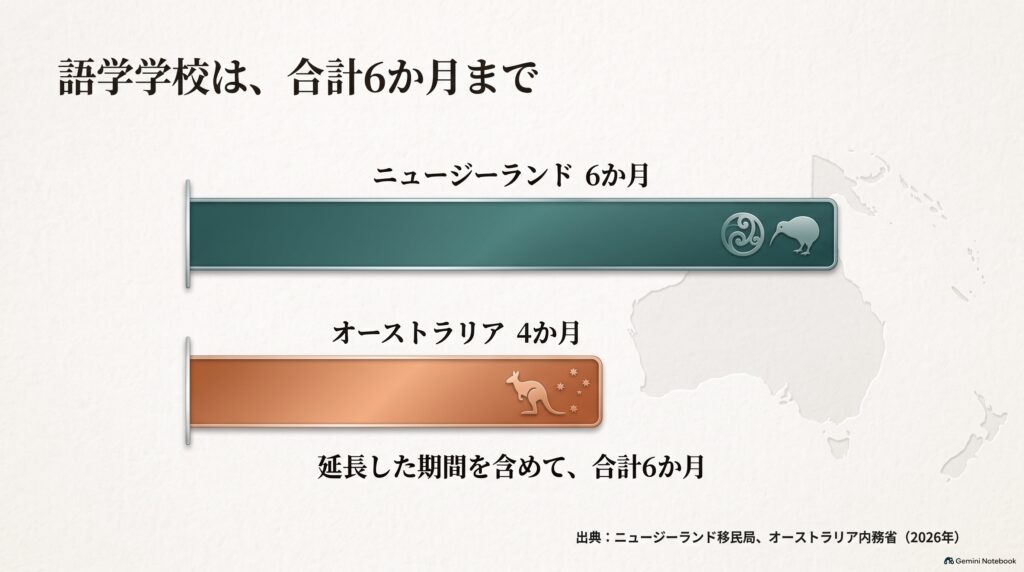 ワーホリで語学学校に通える期間の比較。ニュージーランドは6か月、オーストラリアは4か月